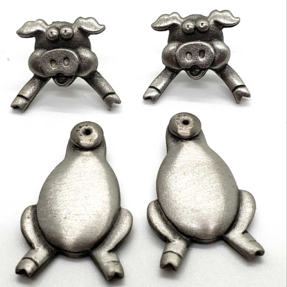 Pewter Pig Piggy Pierced 3D Earrings JJ Jonette 80s Vintage